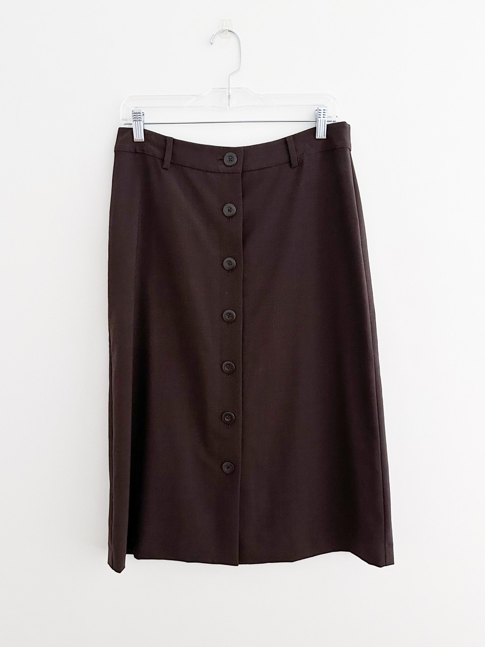 Dark Brown Wool A-Line Midi Skirt Button Front Academia Quiet Luxury Size 6